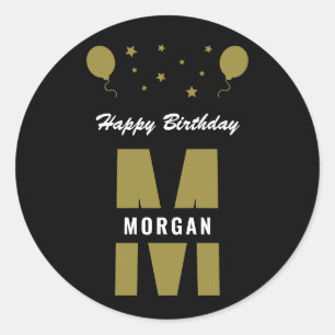 Monogram Happy Birthday Any Age Black White Gold Classic Round Sticker