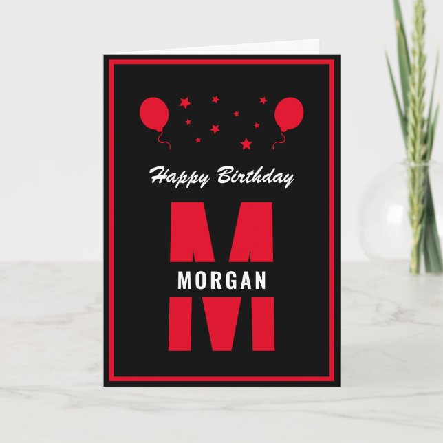 Monogram Happy Birthday Any Age Black White Red Card (Front)