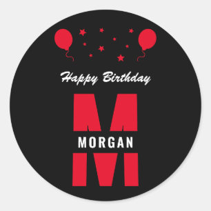 Monogram Happy Birthday Any Age Black White Red Classic Round Sticker