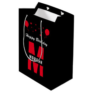 Monogram Happy Birthday Any Age Black White Red Medium Gift Bag