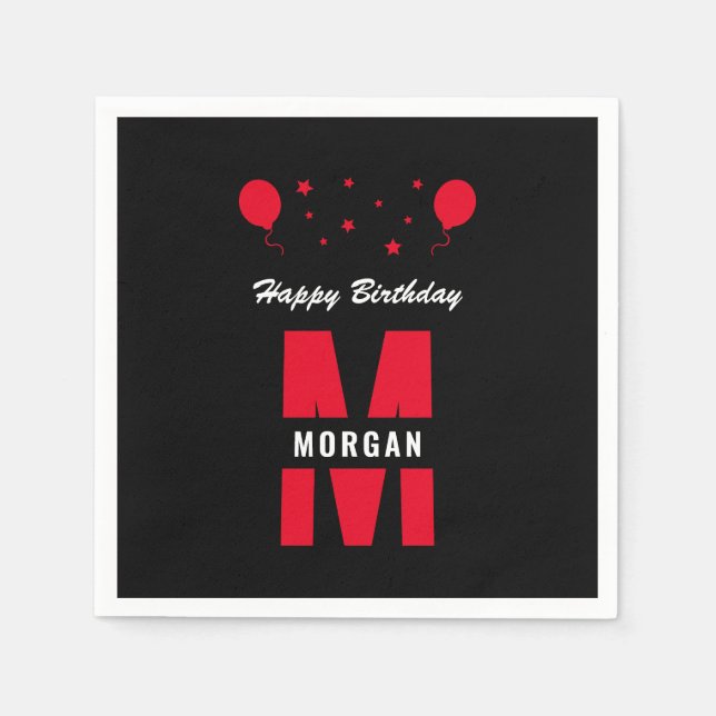 Monogram Happy Birthday Any Age Black White Red Napkin (Front)