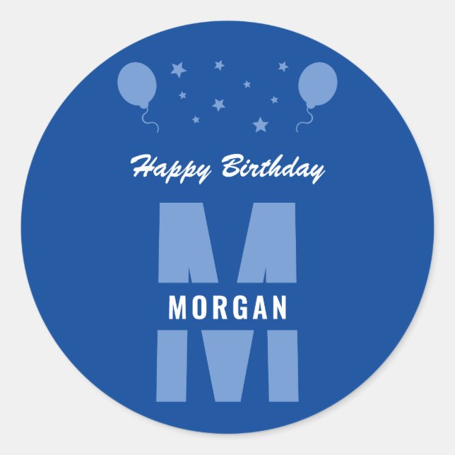 Monogram Happy Birthday Any Age Blue And White Classic Round Sticker (Front)