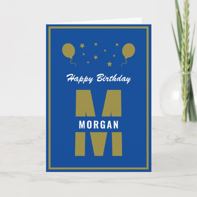 Monogram Happy Birthday Any Age Blue White Gold Card (Front)