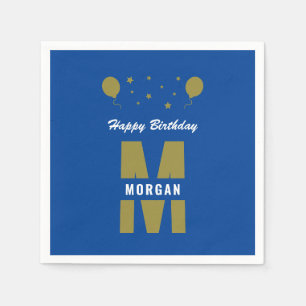 Monogram Happy Birthday Any Age Blue White Gold Napkin