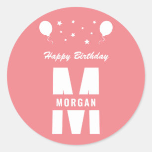 Monogram Happy Birthday Any Age Pink And White Classic Round Sticker