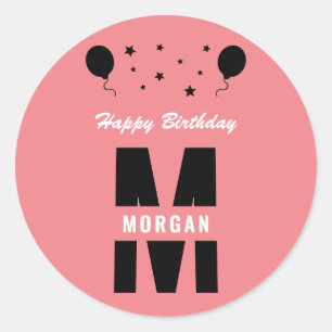 Monogram Happy Birthday Any Age Pink Black White Classic Round Sticker