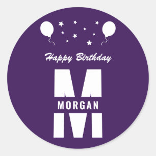 Monogram Happy Birthday Any Age Purple And White Classic Round Sticker
