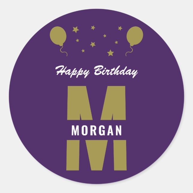 Monogram Happy Birthday Any Age Purple White Gold Classic Round Sticker (Front)