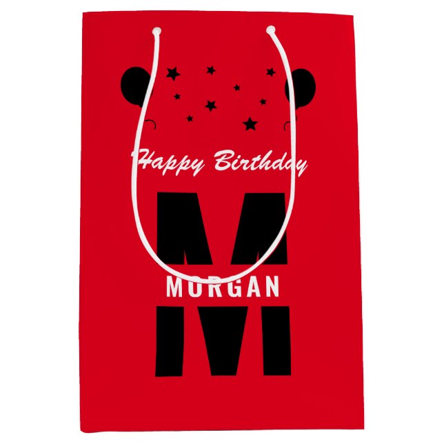Monogram Happy Birthday Any Age Red Black White Medium Gift Bag (Front)