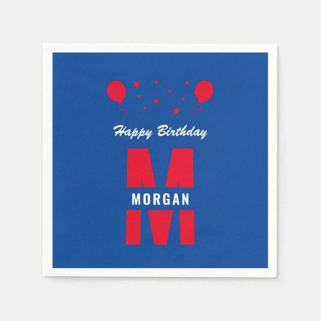 Monogram Happy Birthday Any Age Red White Blue Napkin (Front)