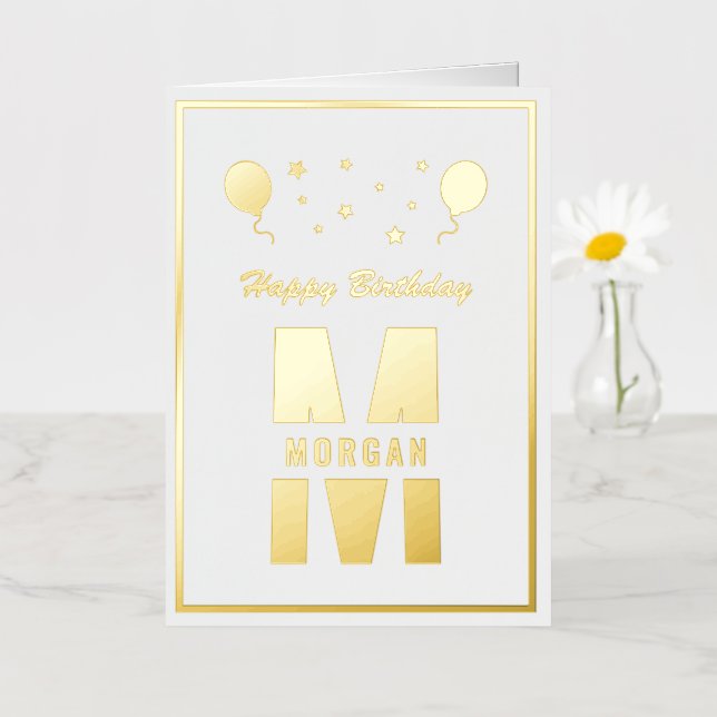 Monogram Happy Birthday Any Age White And Gold Foil Greeting Card (Small Flower)