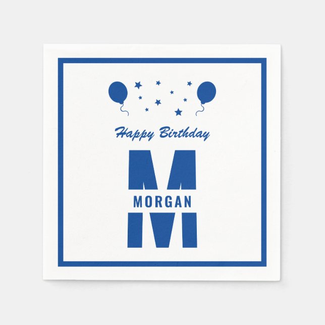 Monogram Happy Birthday Any Age White Blue Stars Napkin (Front)