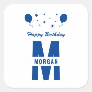 Monogram Happy Birthday Any Age White Blue Stars Square Sticker