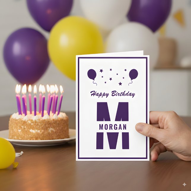 Monogram Happy Birthday Any Age White Purple Stars Card (Creator Uploaded)