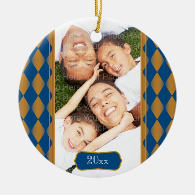 Monogram Harlequin: Blue & Gold Ceramic Tree Decoration (Front)