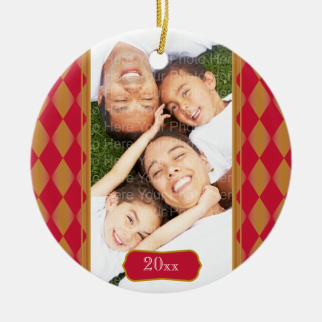 Monogram Harlequin: Red & Gold Ceramic Tree Decoration (Front)