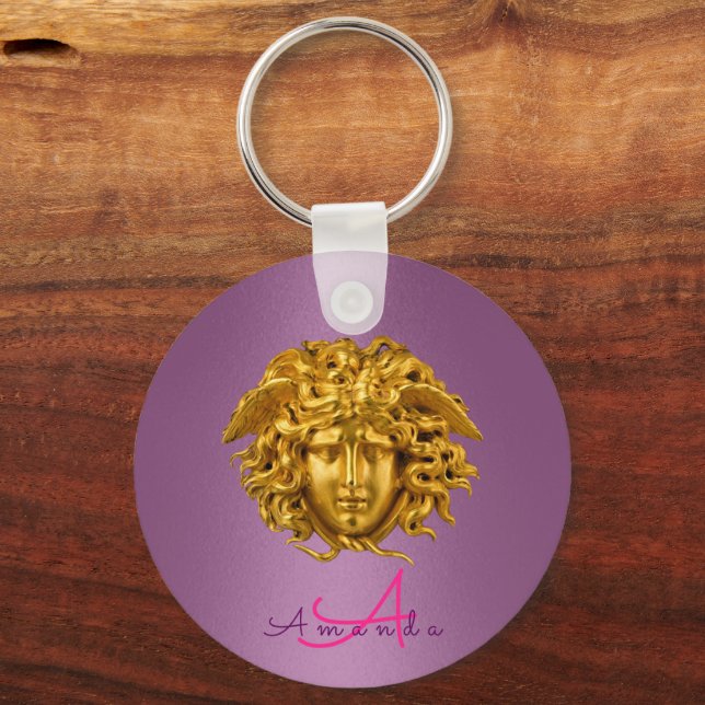 Monogram Haute Couture Gold Medusa Mask Purple Key Ring (Front)