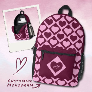 Monogram Heart Chequerboard Pattern Bordeaux Pink  Printed Backpack