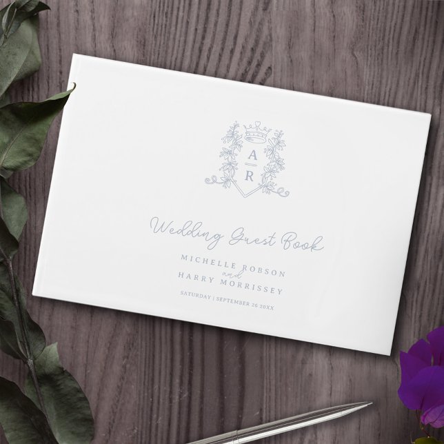 Monogram heart crest crown white silver wedding guest book (Creator Uploaded)