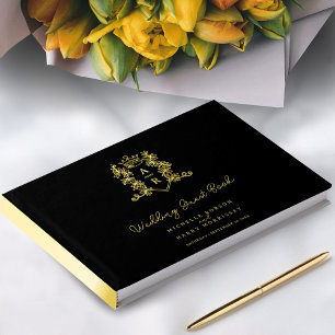Monogram heart crest gold black wedding guest guest book