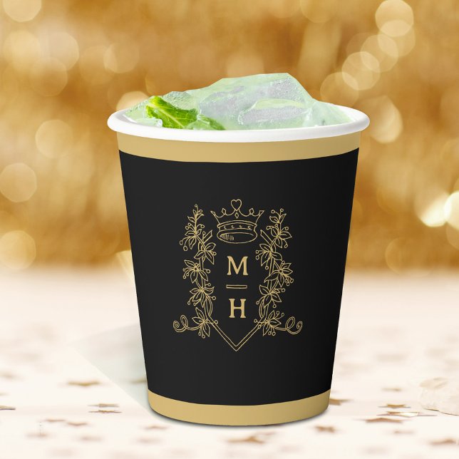 Monogram heart crown black gold wedding paper cups (Creator Uploaded)