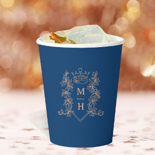 Monogram heart crown blue rose gold wedding paper cups