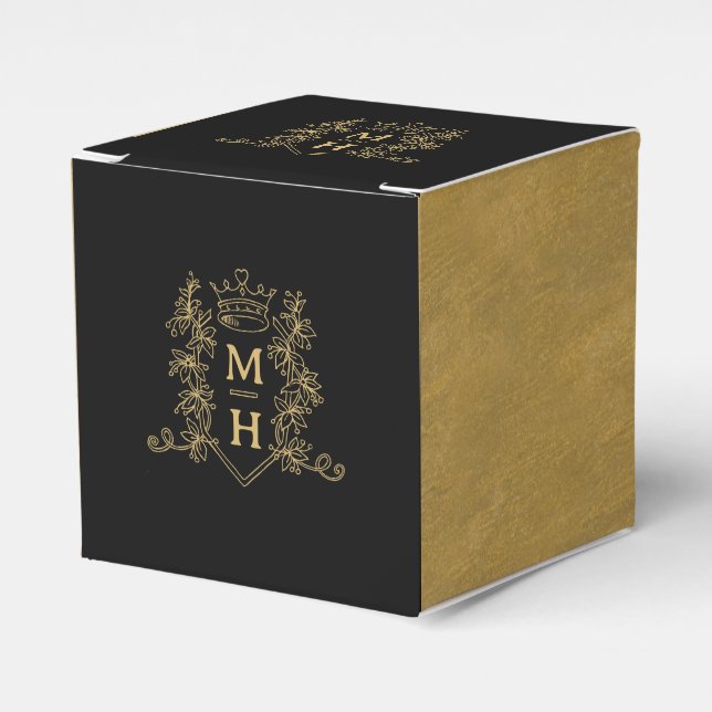 Monogram heart crown crest black gold wedding favour box (Front Side)