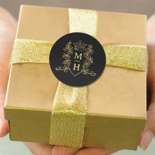 Monogram heart crown crest gold black wedding classic round sticker