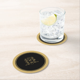 Monogram heart crown crest gold black wedding round paper coaster