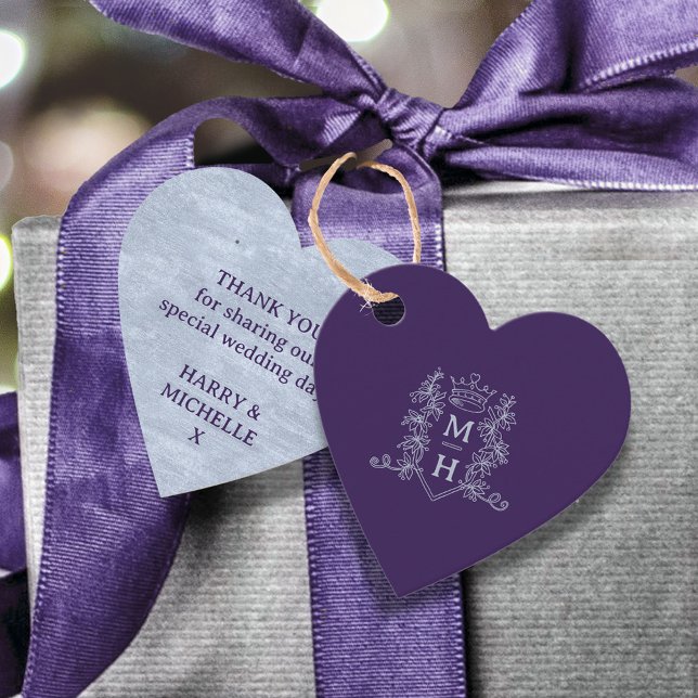 Monogram heart crown crest purple silver wedding favour tags (Creator Uploaded)