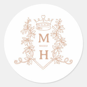 Monogram heart crown crest rose gold wedding classic round sticker