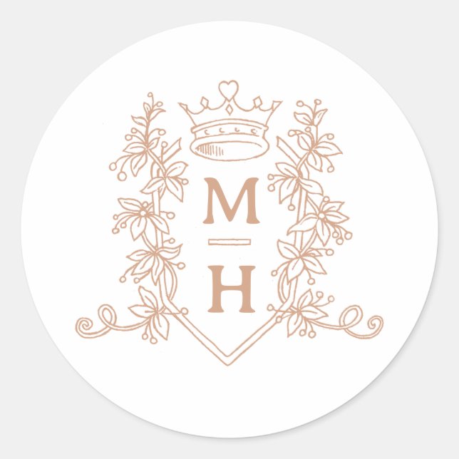 Monogram heart crown crest rose gold wedding classic round sticker (Front)