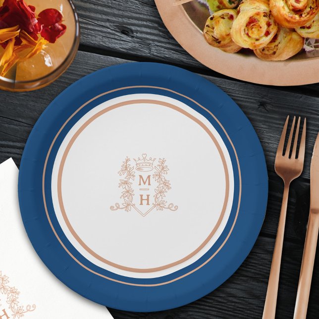 Monogram heart crown crest rose gold wedding paper plate (Creator Uploaded)