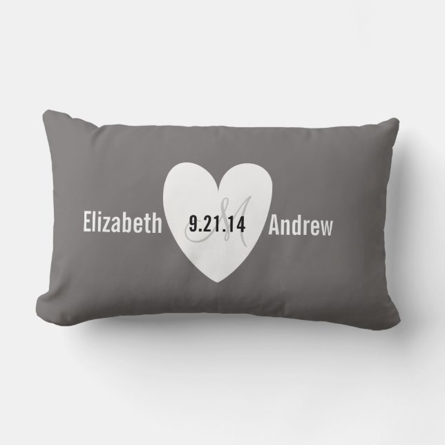 Monogram Heart Grey Wedding Anniversary Pillow (Front)