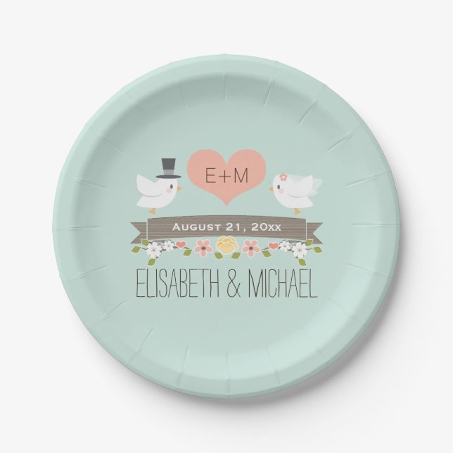 Monogram Heart Mint Green Love Bird Dove Wedding Paper Plate (Front)