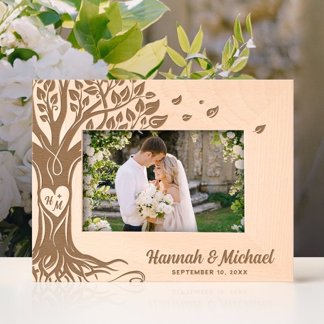 Monogram Heart Names Tree of Life Wedding Photo Etched Frames (An engraved wooden photo frame can make a beautiful, unique wedding gift.)