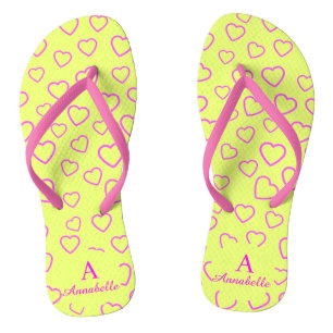 Monogram Heart Pattern Yellow Pink Flip Flops