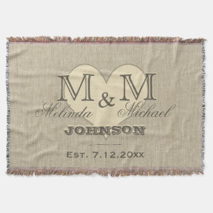 Monogram Heart   Rustic Linen Look Throw Blanket