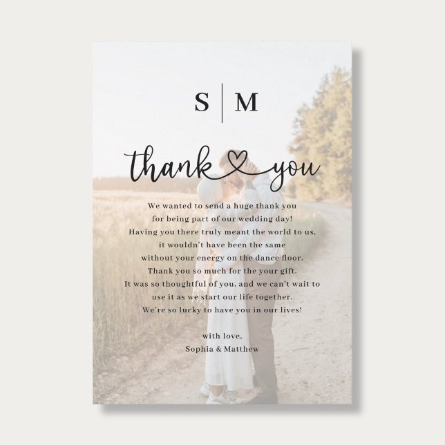 Monogram Heart Script Photo Wedding  Thank You Card (Creator Uploaded)