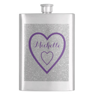 Monogram heart silver glitter hip flask for women