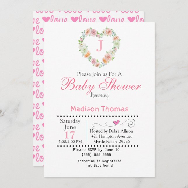 Monogram Heart Wreath Baby Shower Invitation (Front/Back)