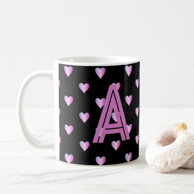 Monogram Hearts Black Purple Coffee Mug (With Donut)