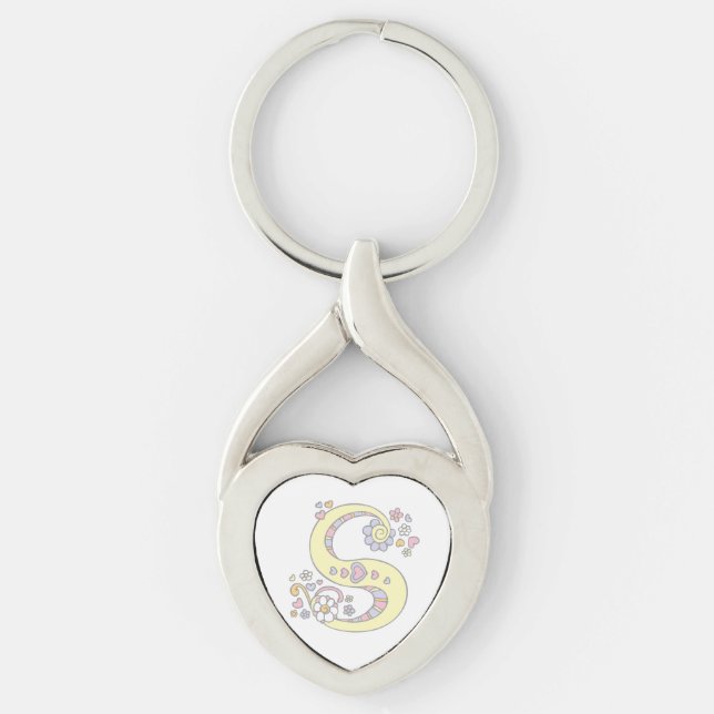 Monogram hearts flowers initial letter S keyring (Front)