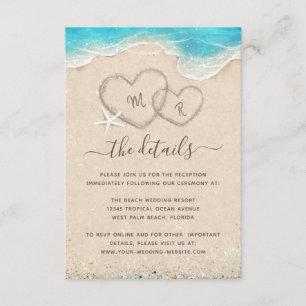 Monogram Hearts in the Sand Beach Wedding Enclosure Card