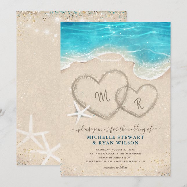 Monogram Hearts in the Sand Beach Wedding Invitation (Front/Back)