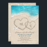 Monogram Hearts in the Sand Beach Wedding Invitation<br><div class="desc">Create your own unique elegant beach wedding invitations with your personalised monogram initials... The watercolor design features artwork illustrated by Raphaela Wilson. 2 hearts in the sand flecked with gold, sparkling ocean waves, starfish, string lights and other tropical elements come together beautifully to create a custom wedding invitation perfect for...</div>