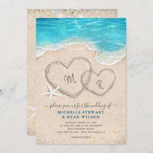 Monogram Hearts in the Sand Beach Wedding Invitation