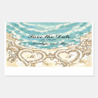 Monogram Hearts on the Beach Save the Date Rectangular Sticker