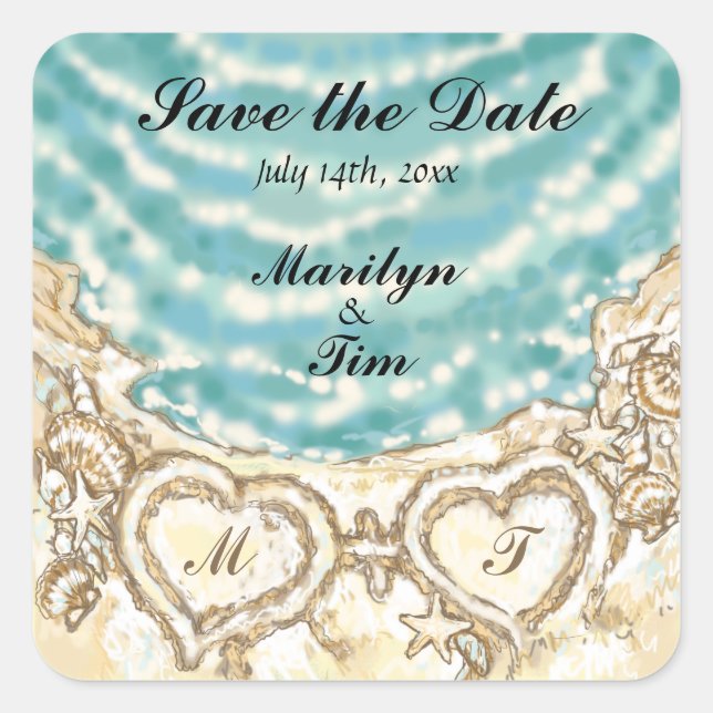 Monogram Hearts on the Beach Save the Date Square Sticker (Front)