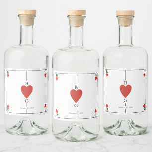 Monogram Hearts Playing Card Wedding Liquor Bottle Label